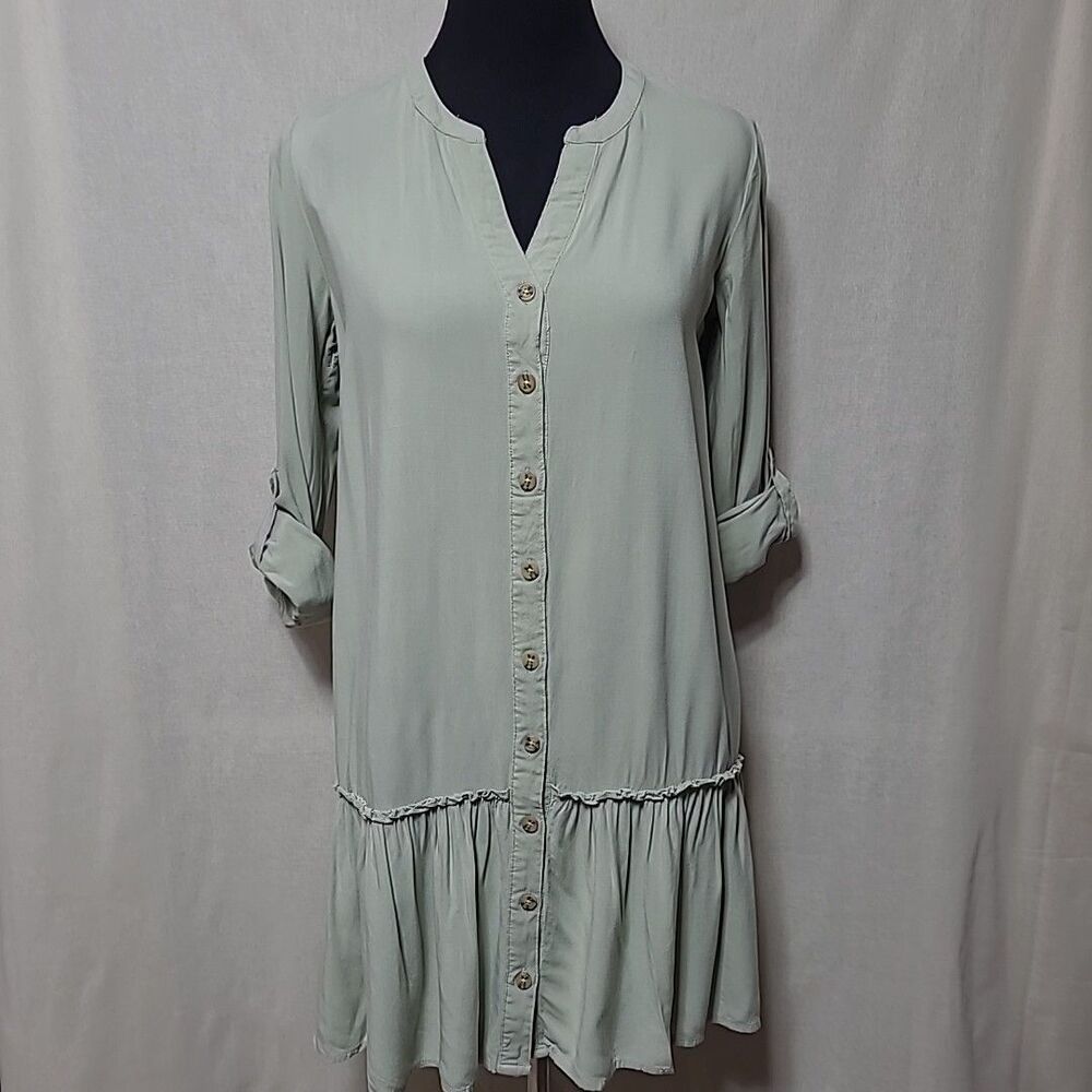 Eyeshadow Mini Dress Tunic Womens Size Small Button front Roll Tab Sleeves Green